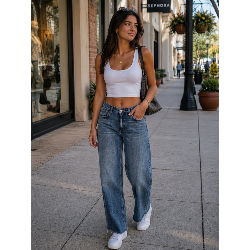 Zara Size 10 Wide Leg Jeans Dark Blue High Rise Raw Hem #1132